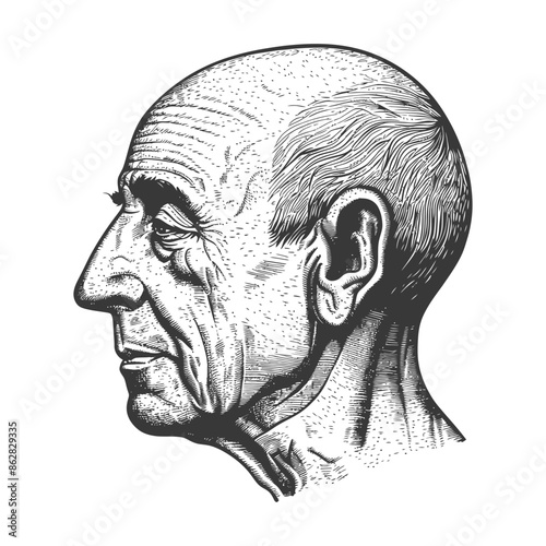 Etched Portrait: Bald Man Profile, Deep Wrinkles, Detailed Engraving, Vintage Style.
