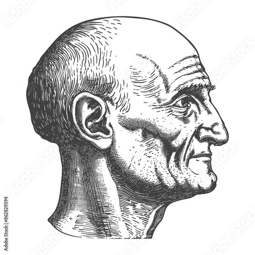 Etched Portrait: Bald, Aged Man in Profile, Classic Engraving Style on White.