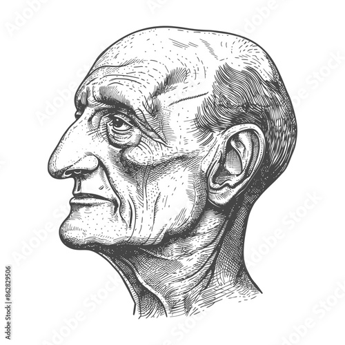 Etched Portrait: Aging Man's Profile, Deep Lines, Prominent Nose, Intricate Detail, Vintage Illustration.