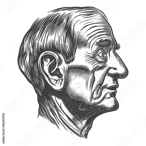 Etched Portrait: Senior Man in Profile, Detailed Crosshatch Lines, Age and Wisdom Depicted.