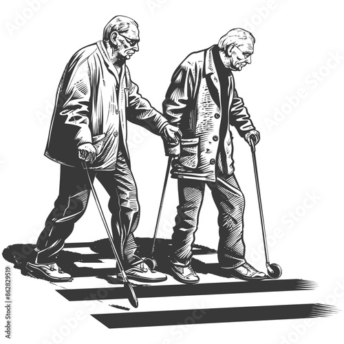 Vintage Engraving: Elderly Men Helping Each Other Cross a Street.