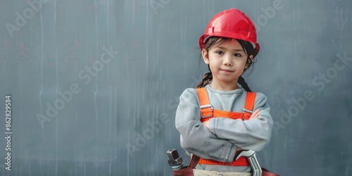 A kid in hard hat and glasses, holding a wrench, dressed in plaid shirt and overalls, on teal background AIG59 photo