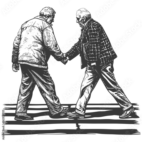 Sketch: Two Elderly Men Crossing Street, Handshake, Respect.