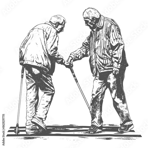 Aged Companions: Pen Sketch of Two Elderly Men with Walking Sticks, Helping Each Other Across the Street.