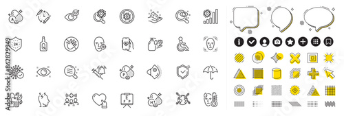 Set of Disability, Volunteer and Stress line icons for web app. Design elements, Social media icons. Phosphorus mineral, Do not touch, Vitamin a icons. Coronavirus, Umbrella, Mint bag signs. Vector