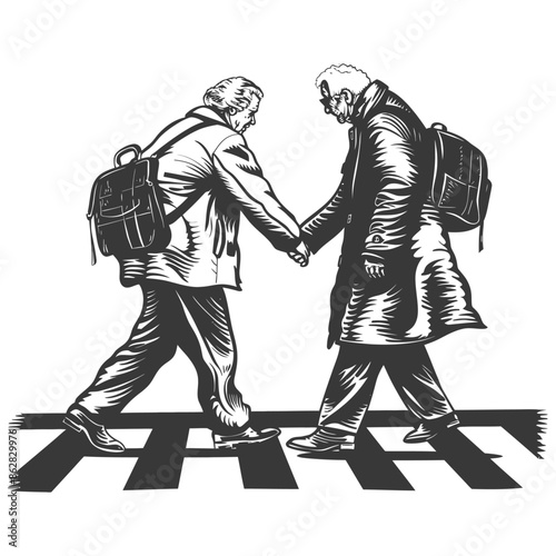 Crosswalk Companions: Senior Couple Holding Hands, Graphic Style, Urban Walk.