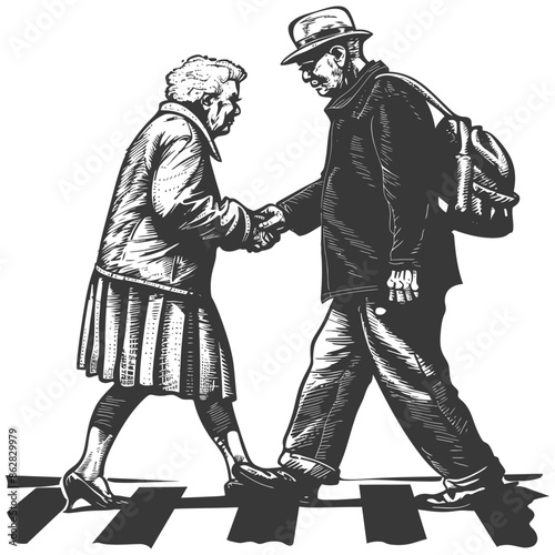 Crosswalk Companions: Elderly Couple Handshake on Zebra Crossing, Stylized Illustration.