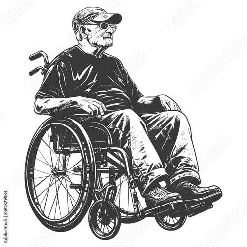 Elderly Man in Wheelchair, Textured Vector Illustration, Cap and Sunglasses.