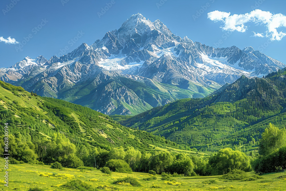 A breathtaking view of a snow-capped mountain surrounded by lush green valleys under a clear blue sky, showcasing natural beauty. A breathtaking view of a snow-capped mountain surrounded by lush green valleys under a clear blue sky, showcasing natural beauty.