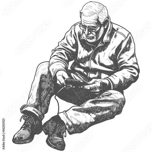 Elderly man sitting, engrossed in phone, listening with headphones, sketch.