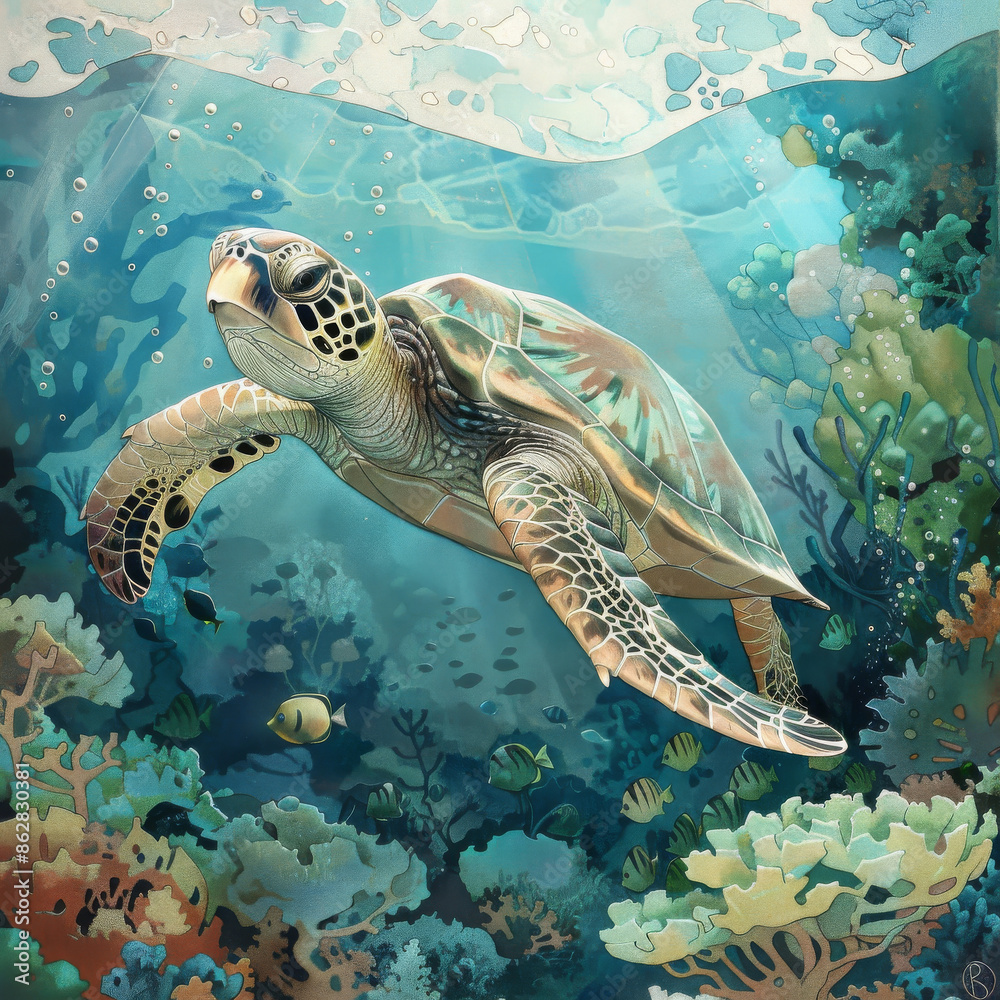 Obraz premium In the vast ocean, a sea turtle gracefully swims close to a vibrant coral reef, highlighting the beauty of marine life and the wonders of underwater ecosystems