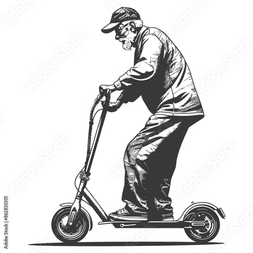 Senior Citizen on Scooter: Vector Illustration in Vintage Style
