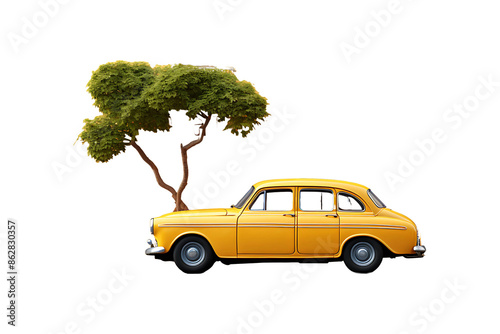 a small yellow car parked in front of a yellow building Isolated on transparent background