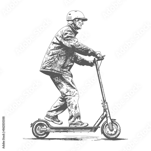 Elderly man on electric scooter, helmeted, sketch style.
