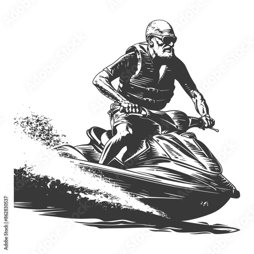 Etched Jet Ski Rider: Vintage Style Illustration of Speed and Adventure