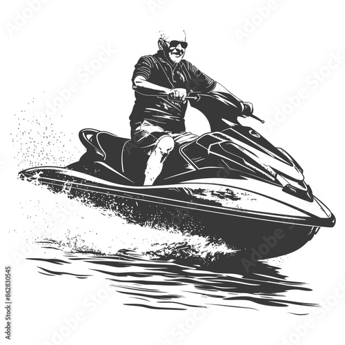 Monochrome Jet Ski Thrill: Smiling Senior Man Riding Wave.
