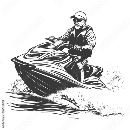 Monochrome Jet Ski: Bearded Man, Cap, Sunglasses, Power Watercraft, Water Splash Illustration.