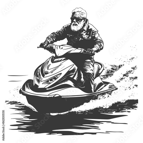 Monochrome Santa: Leather Jacket, Jet Ski, Water Fun Illustration.