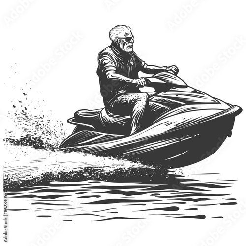 Ink Sketch: Senior Man Jet Skiing, Water Splashes, Action.