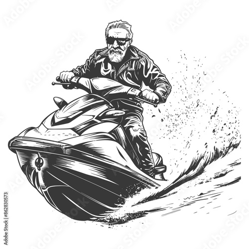 Etched Older Man in Leather Jacket Riding Jet Ski with Splash, Black and White Vintage Style Illustration