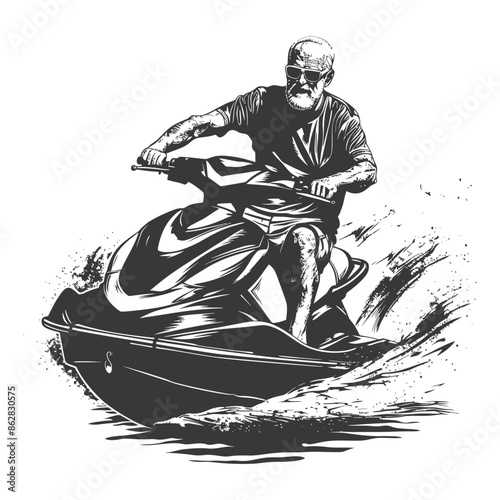 Grayscale Grit: Senior Man on Jet Ski, Water Splash Vector.