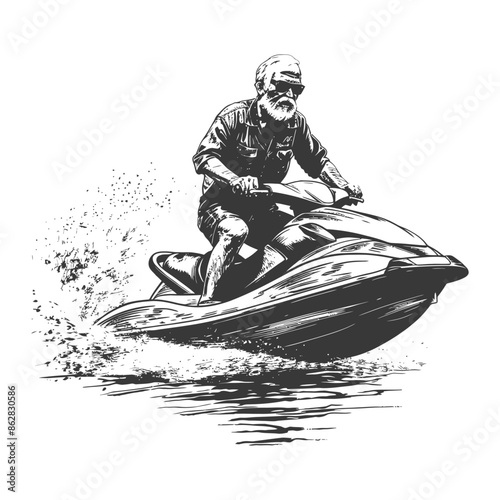 Ink-Sketch: Bearded Man on Jet Ski, Water Splash, Vintage Style Illustration.