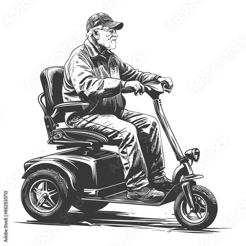 Senior on Mobility Scooter: Stylized Black and White Illustration of Active Aging