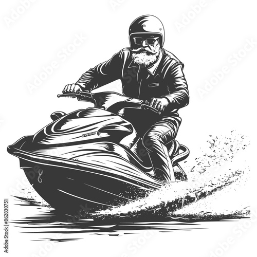 Bearded Biker Santa on Jet Ski: Vector Illustration