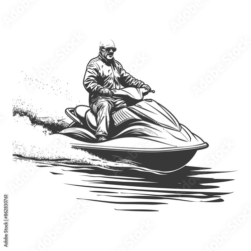 Grayscale Jet Ski Adventure: Man in Sunglasses Riding a Wave Runner.