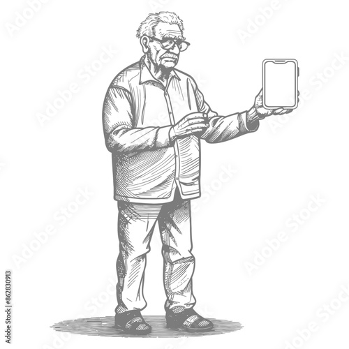 Elderly Man with Tablet: Sketched Illustration, Technological Age.