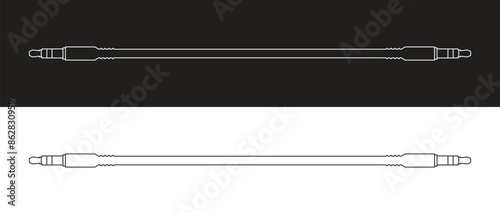 Cables, AUX wires, Mini jack 3.5 outline vector black and white images.