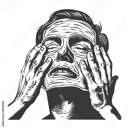 Engraved Man Stressed with Sheet Mask, Eyes Closed, Textural Illustration.