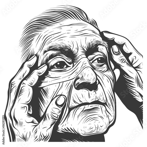 Wrinkled Reflection: Etched Portrait of Aging, Hands at Temples.