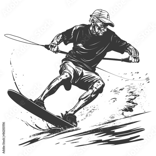 Monochrome Wakeboarder: Stylized Graphic of Action Sports & Water Spray.