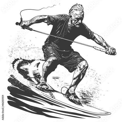 Etched Wakeboarder: Gritty Ink Style, Senior Man Shredding, Water Spray, Active Lifestyle.