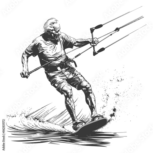 Monochrome Kitesurfer: Action Sketch, Water Splash, Intense Focus, Dynamic Coastal Sport Illustration.