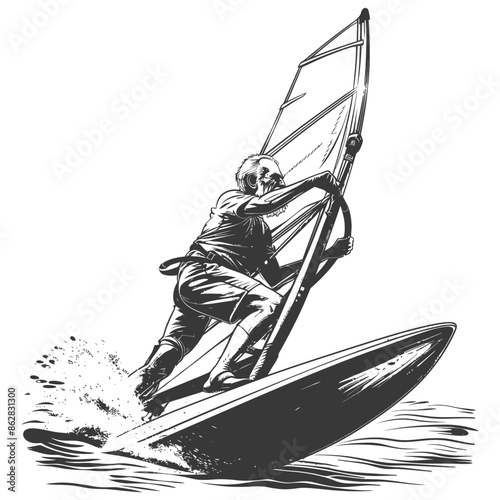 Windsurfer in Action: Vintage Engraving Style Illustration