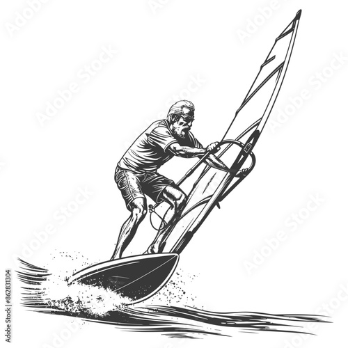 Sketched Windsurfer: Monochrome Illustration of Man on Board with Sail, Water Spray.