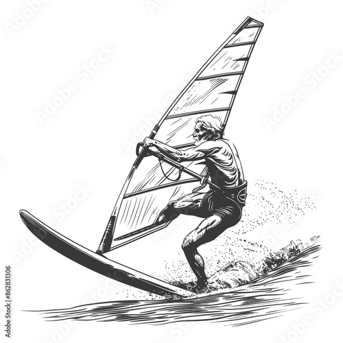 Skeletal Windsurfer: Grim Reaper on the Waves, Ink Illustration