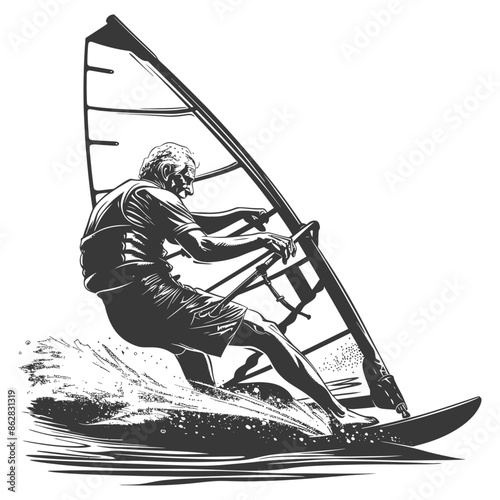 Windsurfer in Action: Black and White Graphic Illustration.
