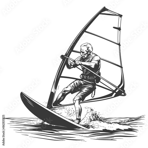 Windsurfer Caricature: Vintage Style Athlete Catching Waves Illustration.