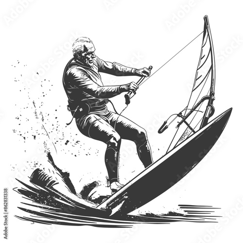 Grayscale windsurfer, dynamic splash, action vector.