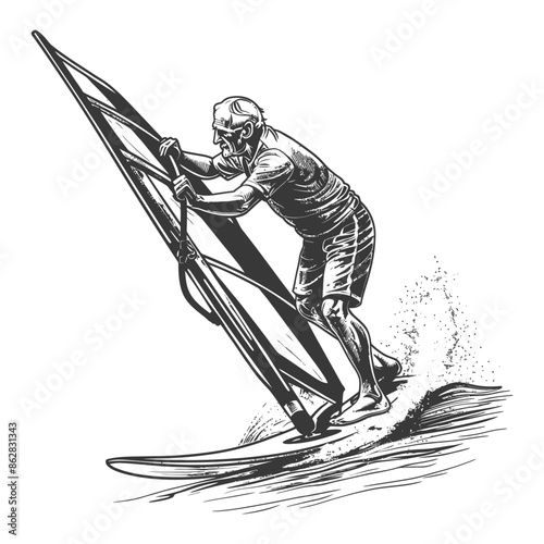 Etched Windsurfer: Dynamic Line Art, Waterman on Waves, Vintage Style.
