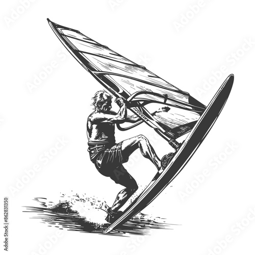 Windsurfer Silhouette: Bold Vector Art, Action Sport, Ocean Ride.