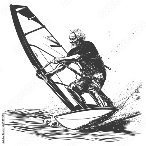 Etched Grit: Elderly Windsurfer Battling the Waves, Monochrome Action Illustration