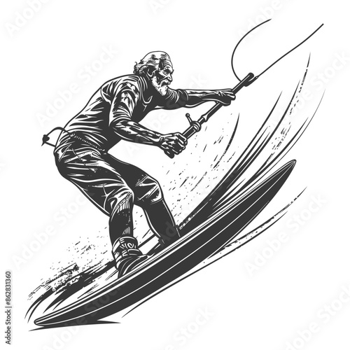 Stylized Wakeboarder: Grayscale Vector Art, Dynamic Splash, Extreme Sport.