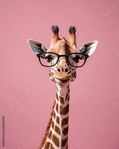 Giraffe Wearing Glasses on a Pink Background