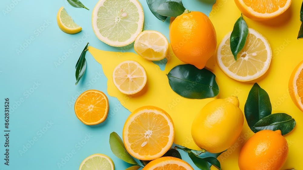 Summer fruit background. Oranges and lemons