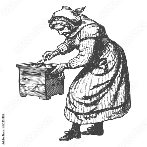 Old Woman with Bonnet Retrieving from Wooden Box, Vintage Engraving Illustration