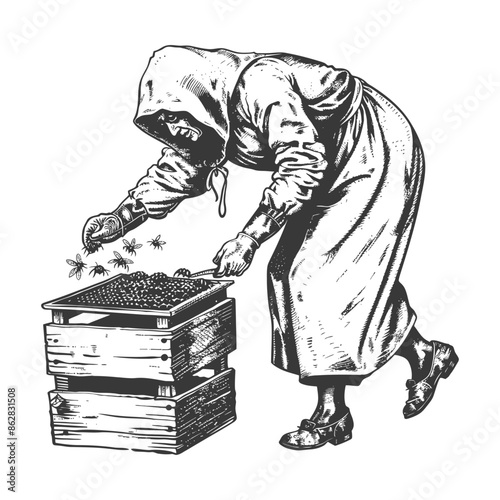 Hooded Beekeeper: Vintage Engraving of Bee Collection